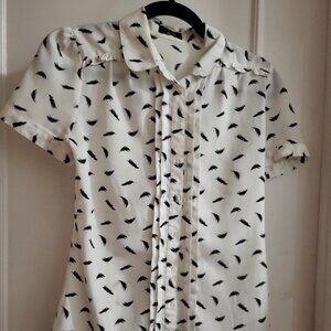 Vintage Jacob White Short Sleeve Button Down Blouse with Black Feather Print